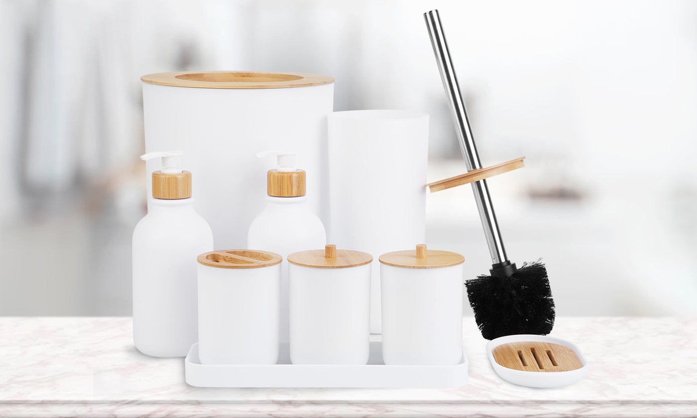 NewHome Bathroom Accessory Set Plastic & Bamboo Bathroom Accessories (9-Piece)