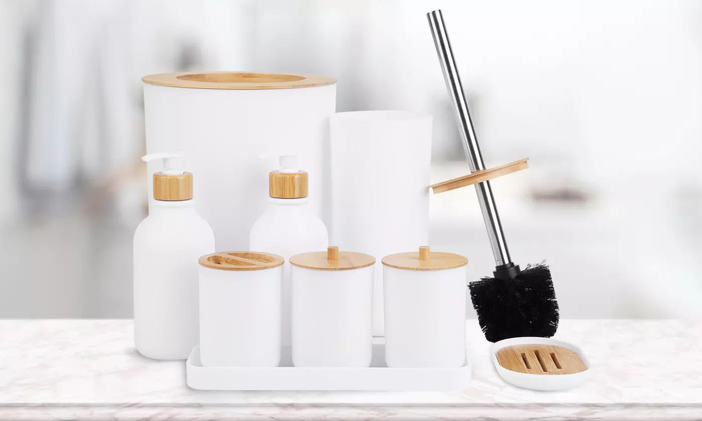 NewHome Bathroom Accessory Set Plastic & Bamboo Bathroom Accessories (9-Piece)