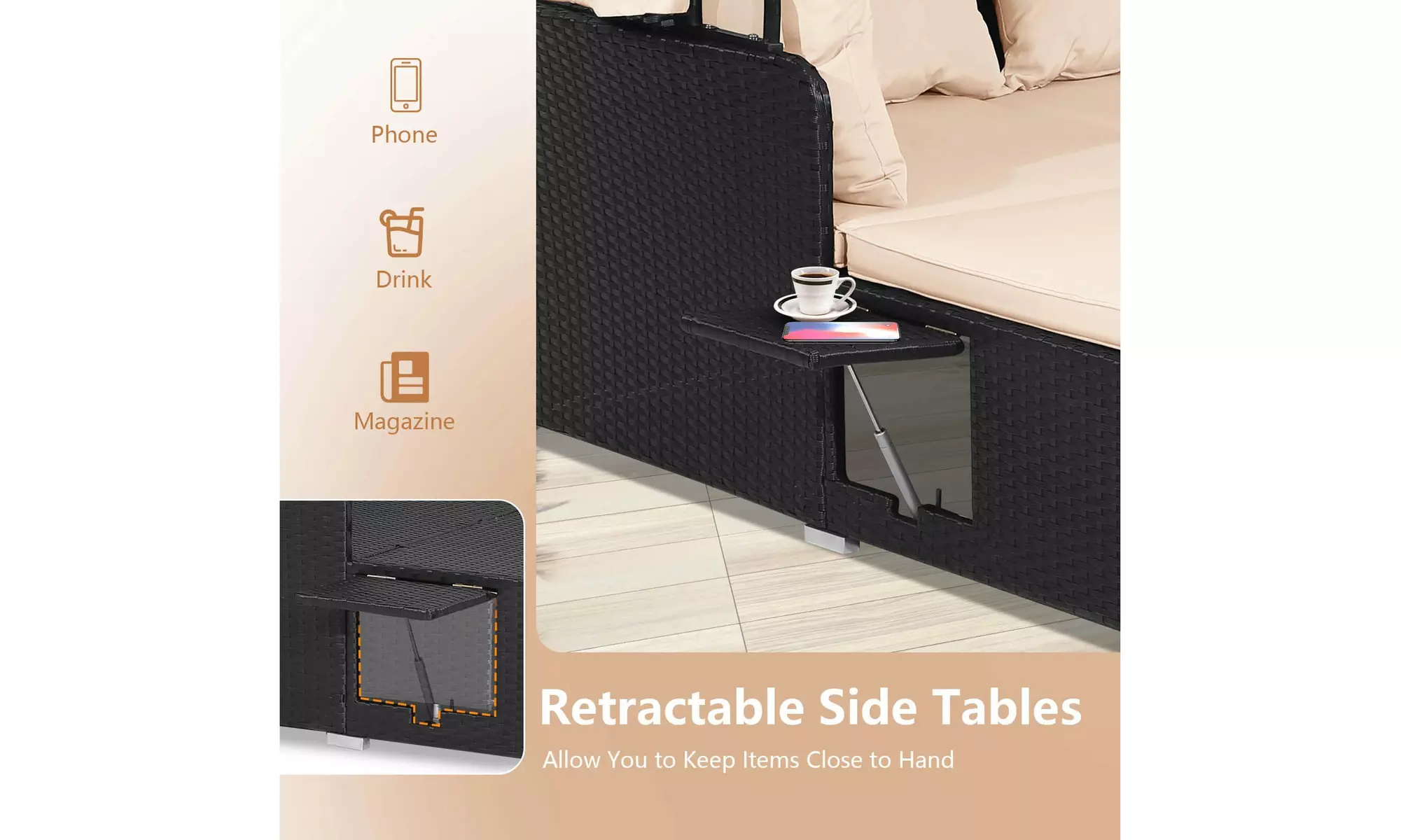 Costway Rattan-Effect Daybed with Retractable Top Canopy