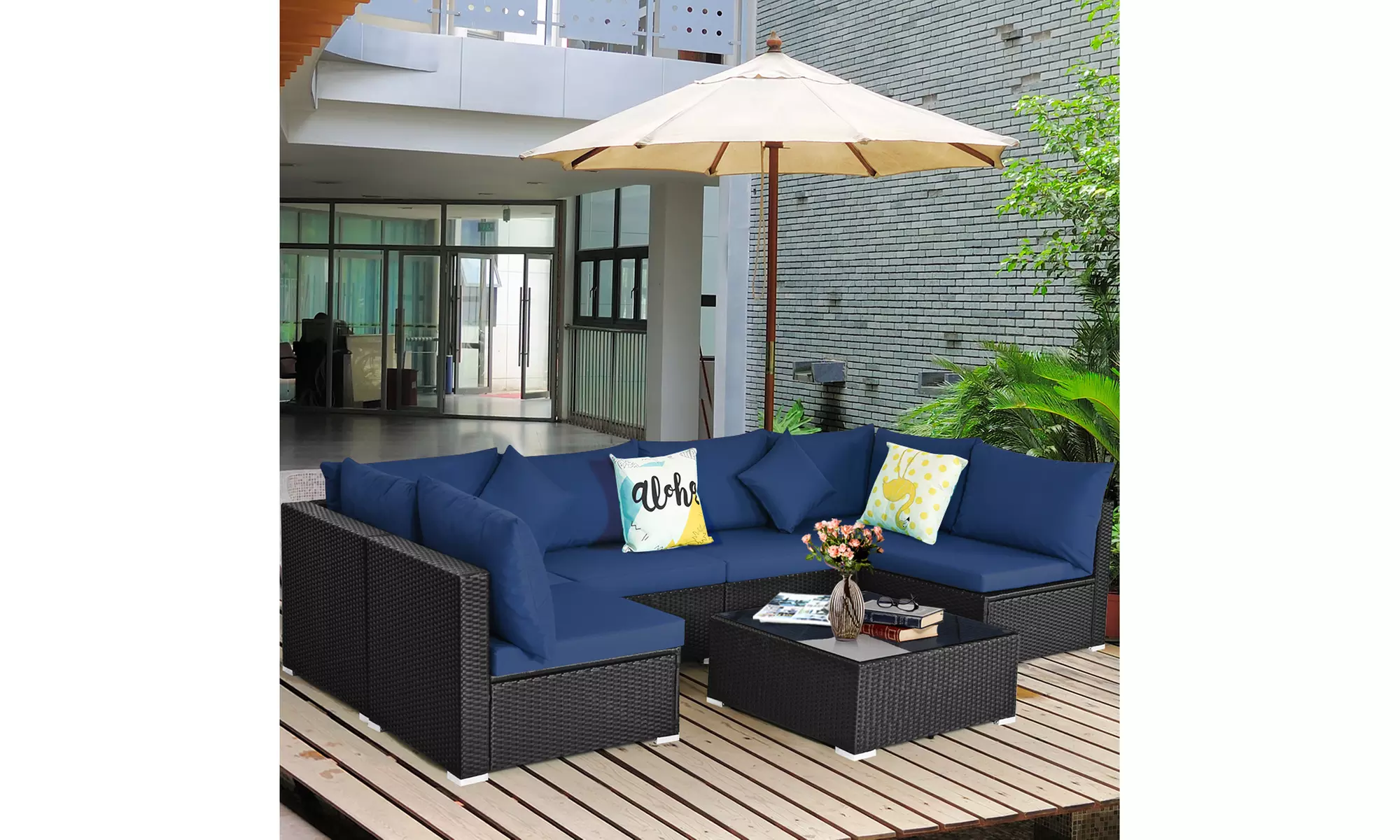Costway 7PCS Patio Rattan Sofa Set Sectional Conversation Furniture Set Garden