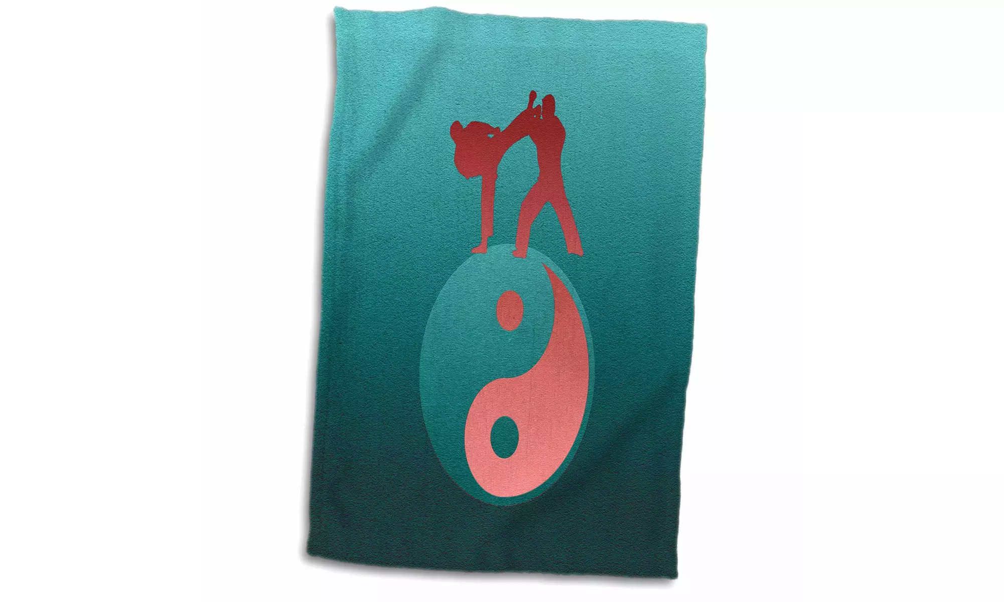  Towel - Karate Yin-yang Sign with Men Training, Aqua Green, and Coral - Primary Image