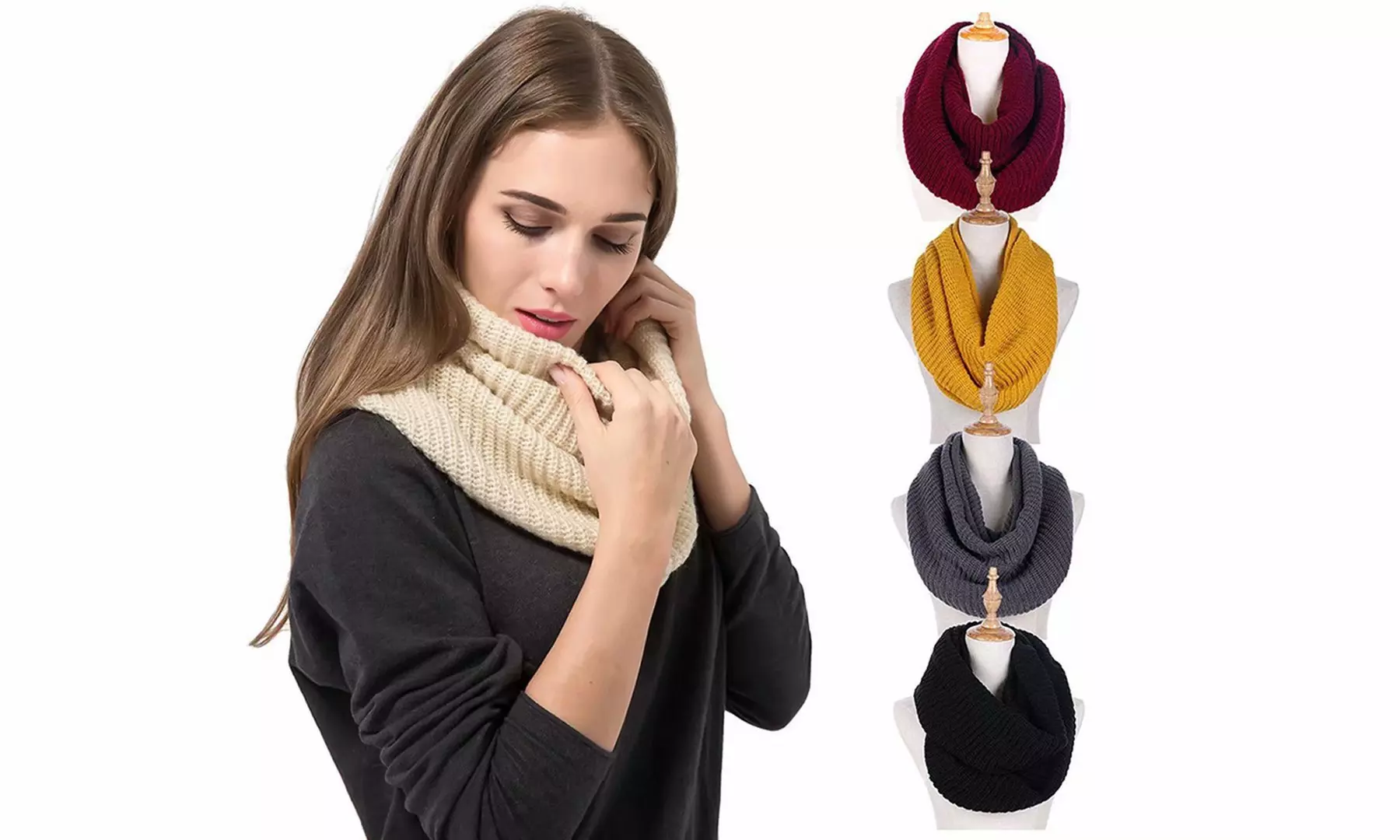 Women Men Winter Thick Ribbed Knit Warm Circle Loop Infinity Scarf - Primary Image