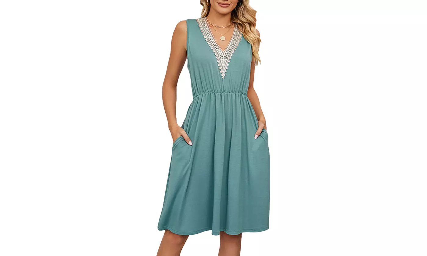 Women's Casual V-Neck Summer Dresses Sleeveless Midi Sundress with Side Pockets