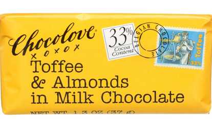 CHOCOLOVE CHOCOLATE , TOFFEE & ALMONDS IN MILK CHOCOLATE ( 12 - 1.3 OZ )