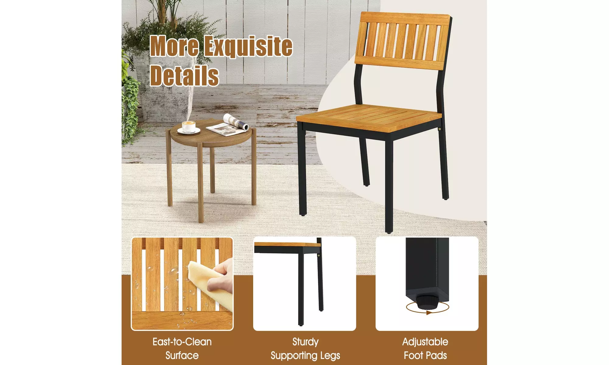 Costway Dining Chair Set of Two Modern Patio Chairs or Acacia Wood Backrest