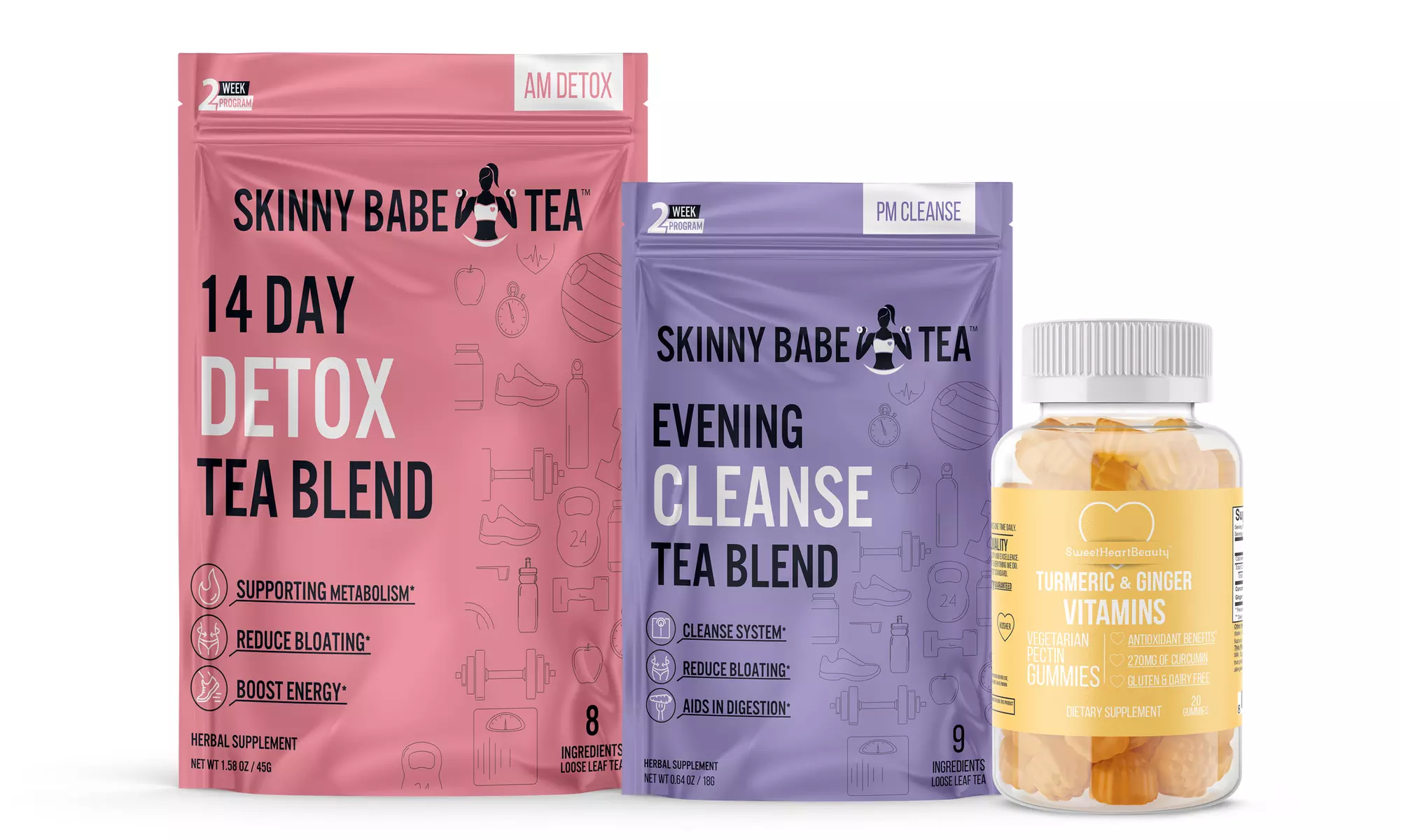 Skinny Babe Cleanse & Detox Tea and Turmeric Ginger Gummy Set (3-Pack)