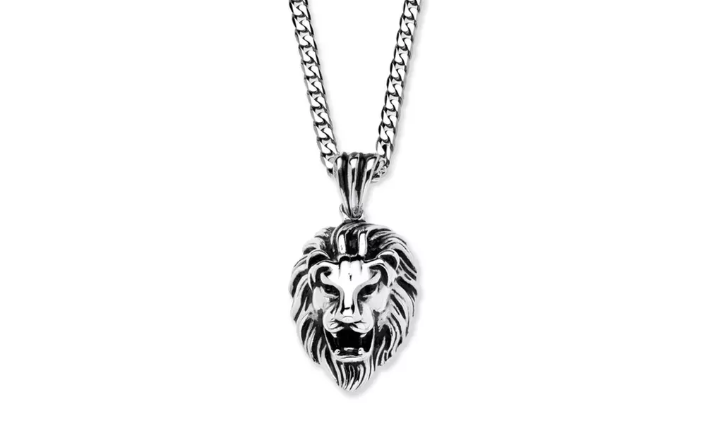 Lion's Head Pendant and Chain in Antiqued Stainless Steel 24" - Primary Image