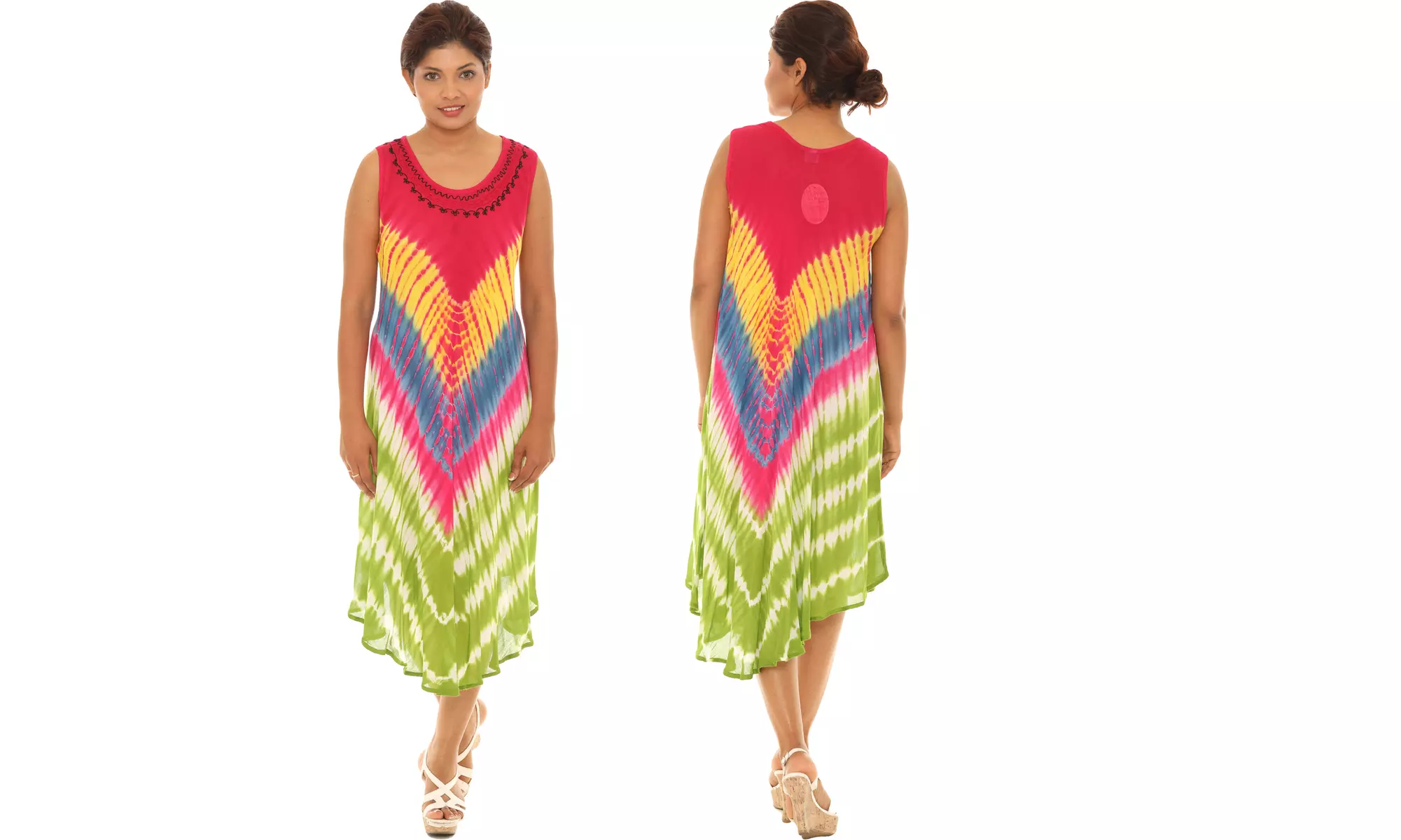 Women's Chevron Stripe Tie Dye Tank Dresses With Embroidered Neckline