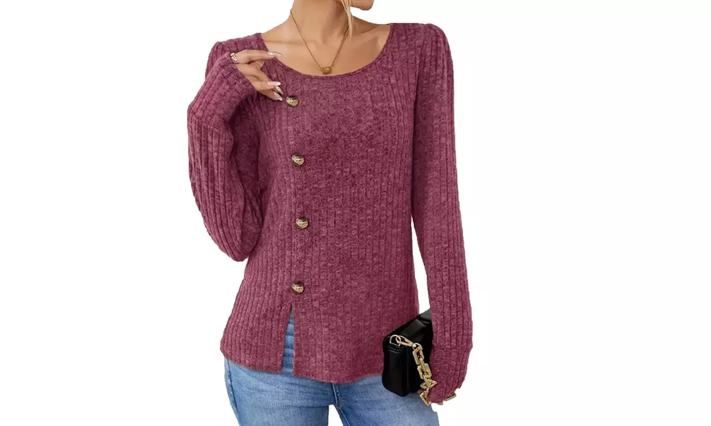 Women's Side Button Ribbed Knit Long Sleeve Tunic Tops
