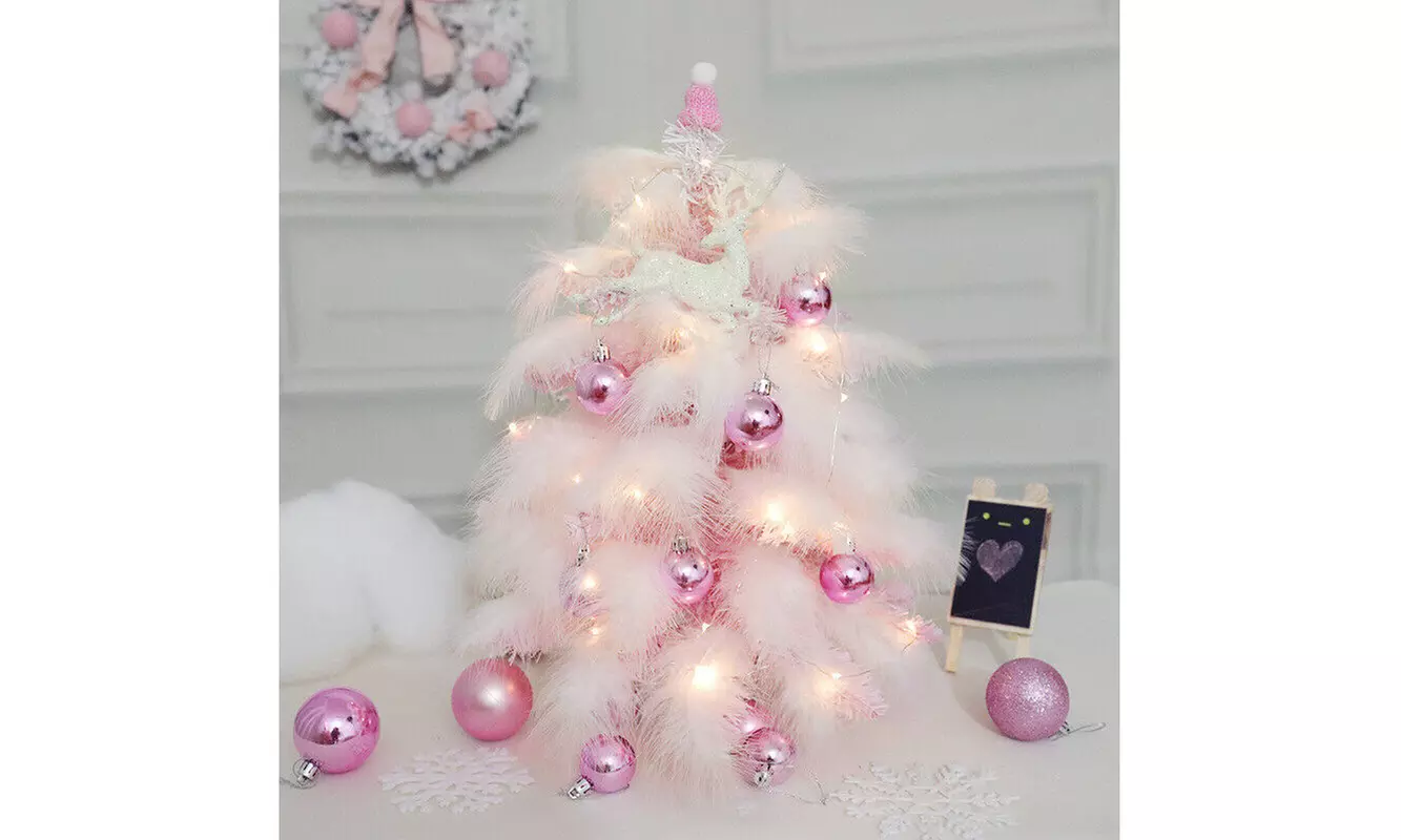 Mini Pink Christmas Tree w/ Feather Ornament Lights Home Tabletop Tree Decor - Primary Image