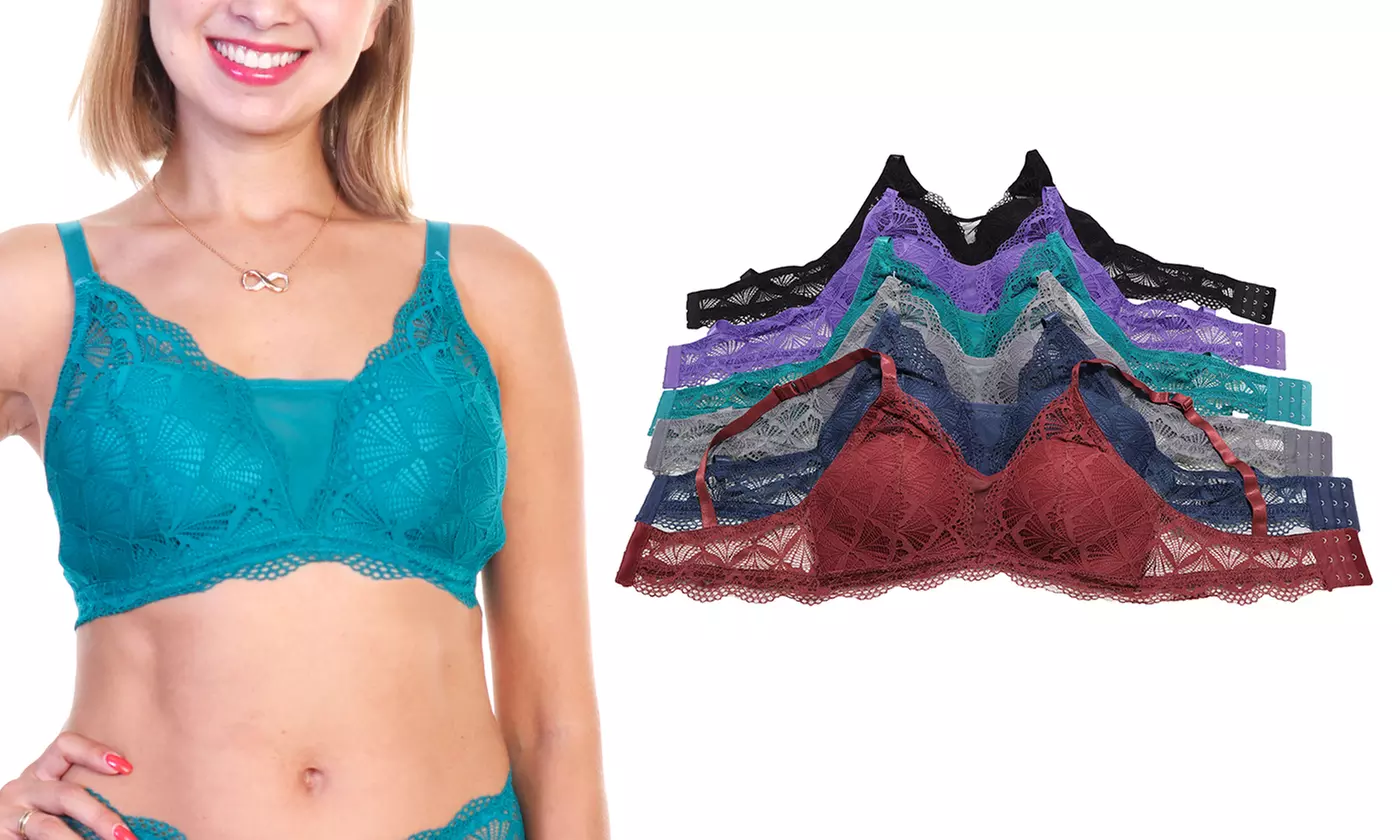 6-Pk Wire-free, Lightly Padded Lace Bras and Boxer Panties Set (Sold Separately) - Second Medium