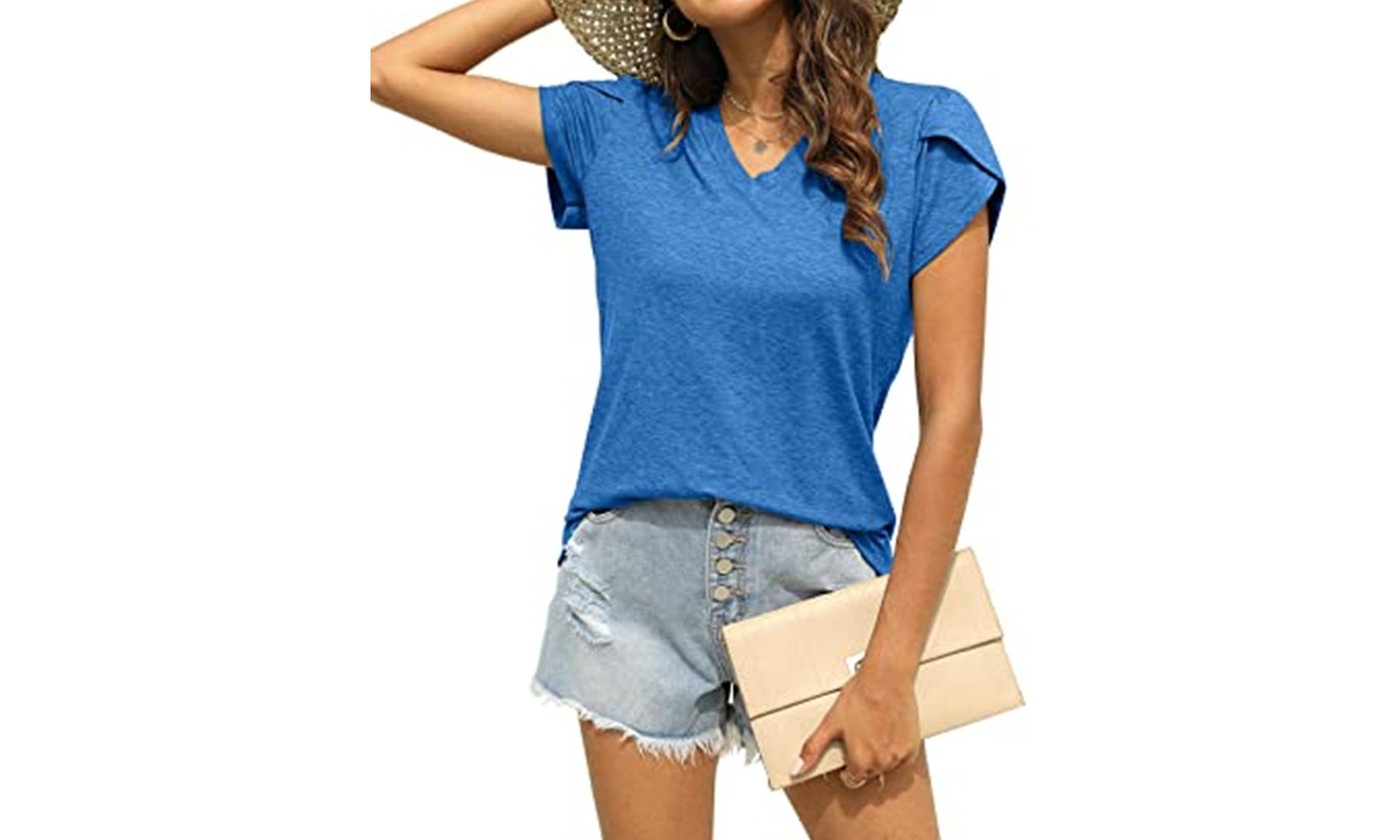 Womens Petal Sleeve Tunic Tops V Neck Short Sleeve Shirts