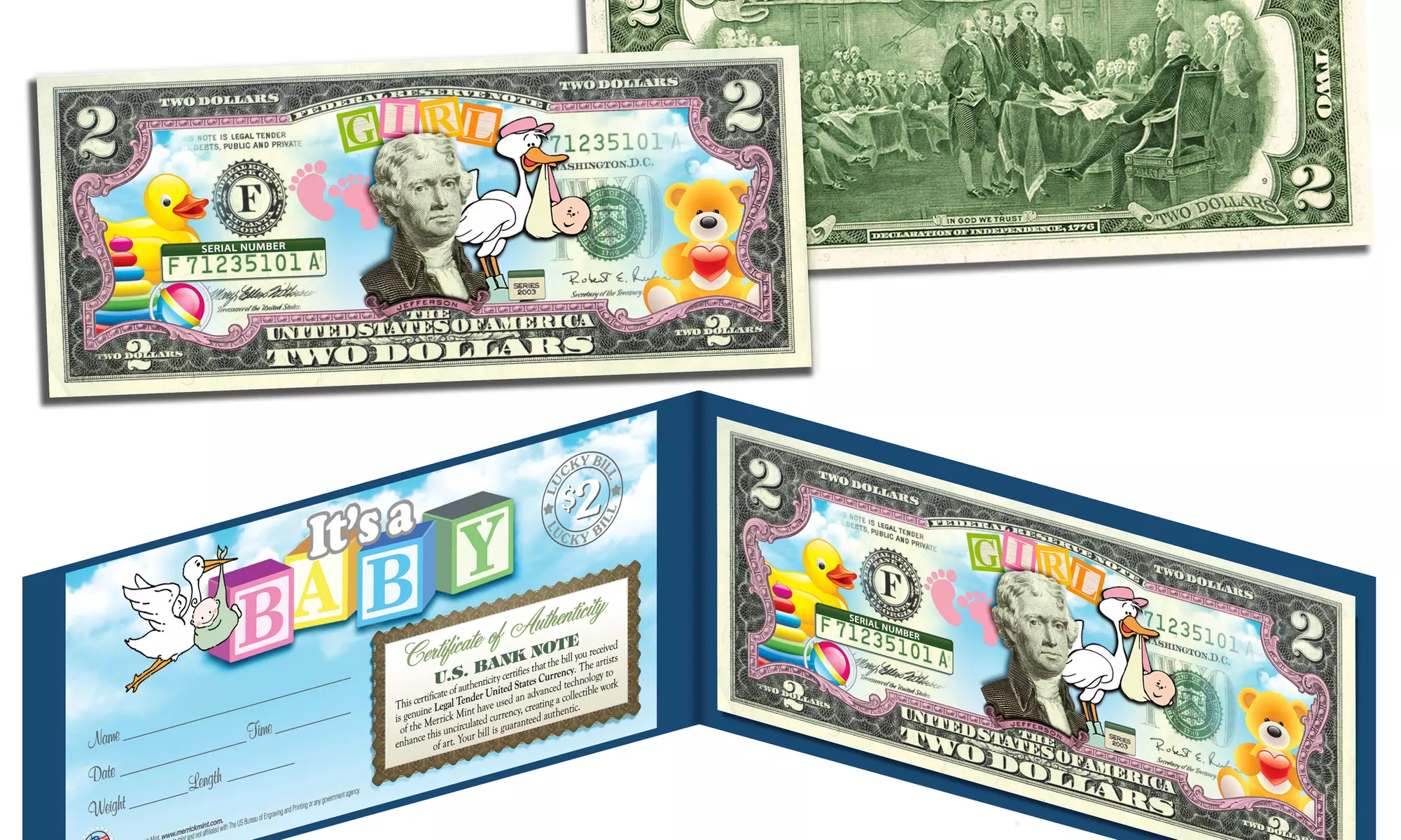 IT'S A BOY/GIRL Birth Announcement Baby Gift Legal Tender Two-Dollar Bill