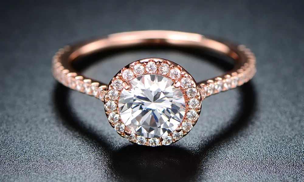 18K Rose Gold Halo-Cut Cubic Zirconia Ring By Barzel - Primary Image