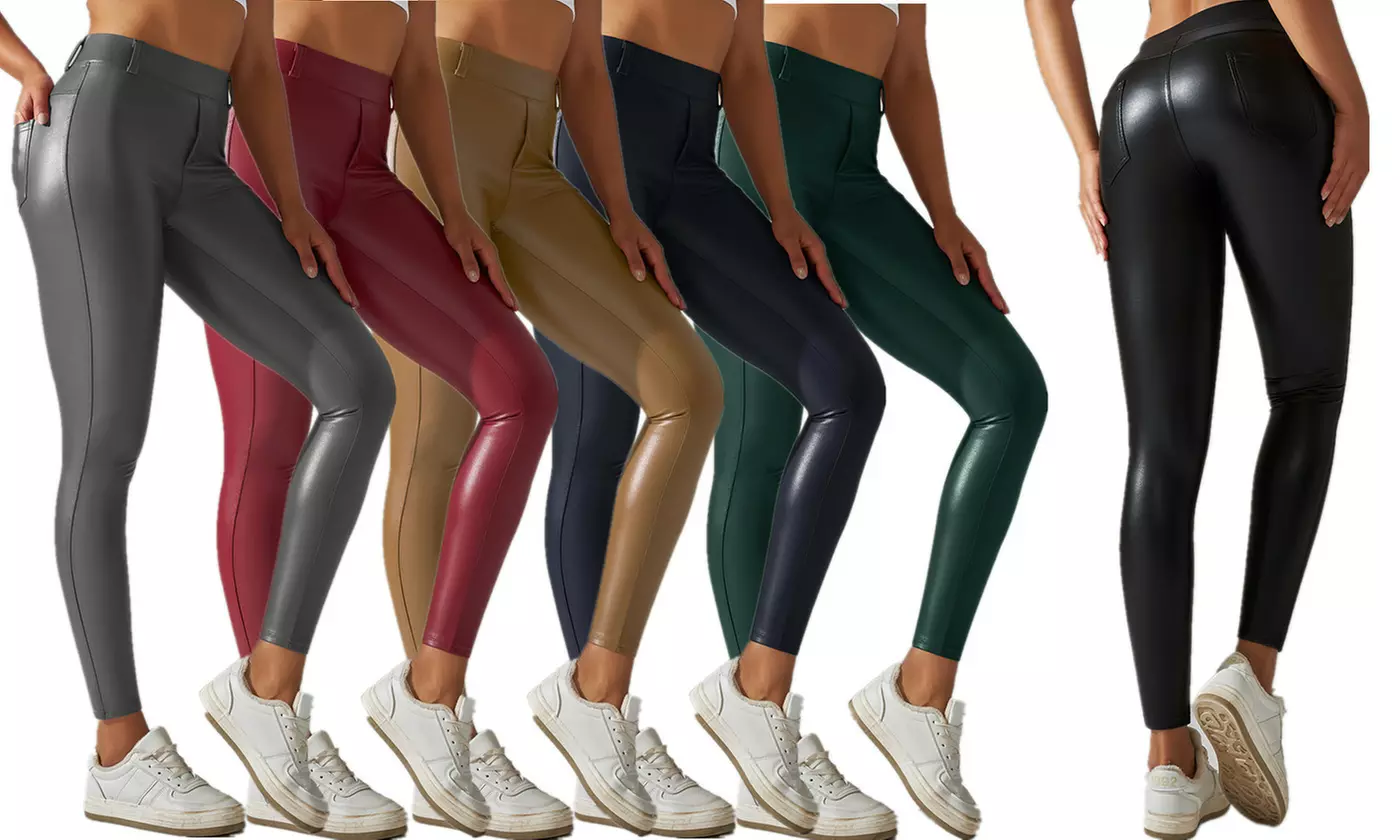 Women's High Waisted Faux Leather Leggings with Pockets - Primary Image