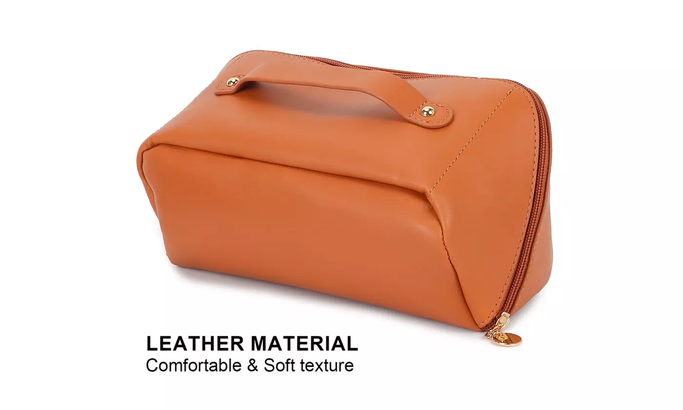 PU Leather Travel Wide-Open Toiletry Bag Makeup Large Capacity Organizer
