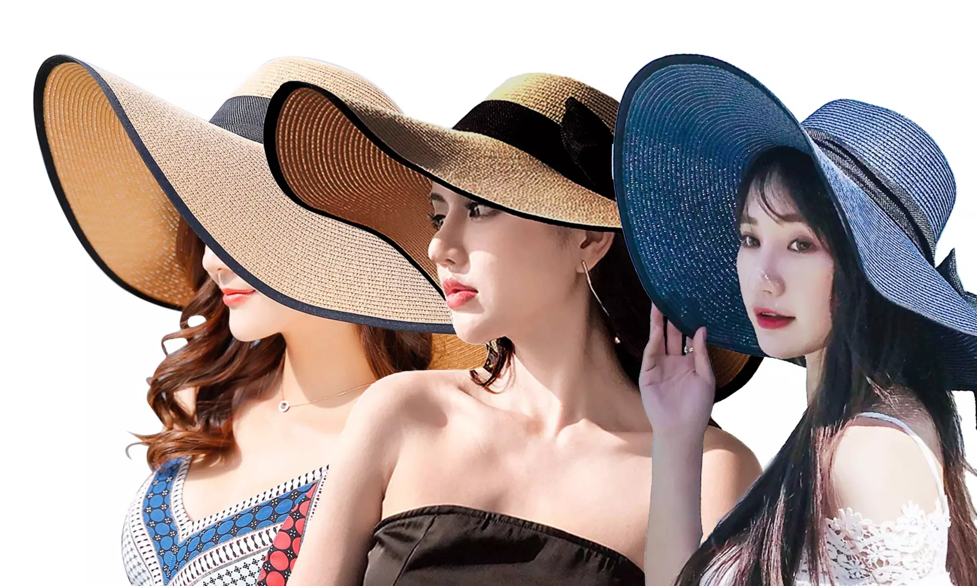 Womens Sun Straw Hat Foldable Brim Summer UV Hat Travel Beach Hat with Strap - Primary Image