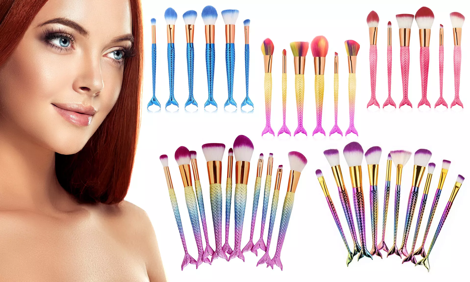Funky Mermaid-Style Makeup Brush Set - 7 Color Options (6, 7 and 10 Piece) - Primary Image