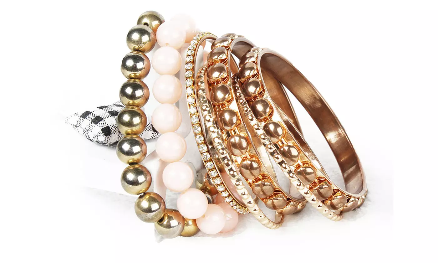Retro Burnished Gold Inlaid Rhinestones Bangle Bracelet Set (7-Piece)