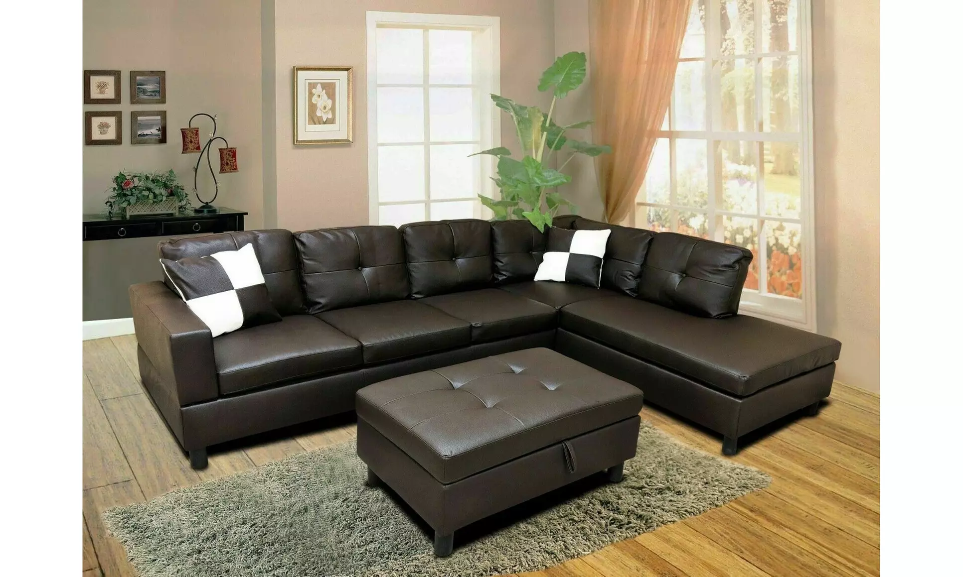 Luxury Faux Leather Living Room Sectional Sofa Set Black/Espresso  L/R Chaise - Primary Image