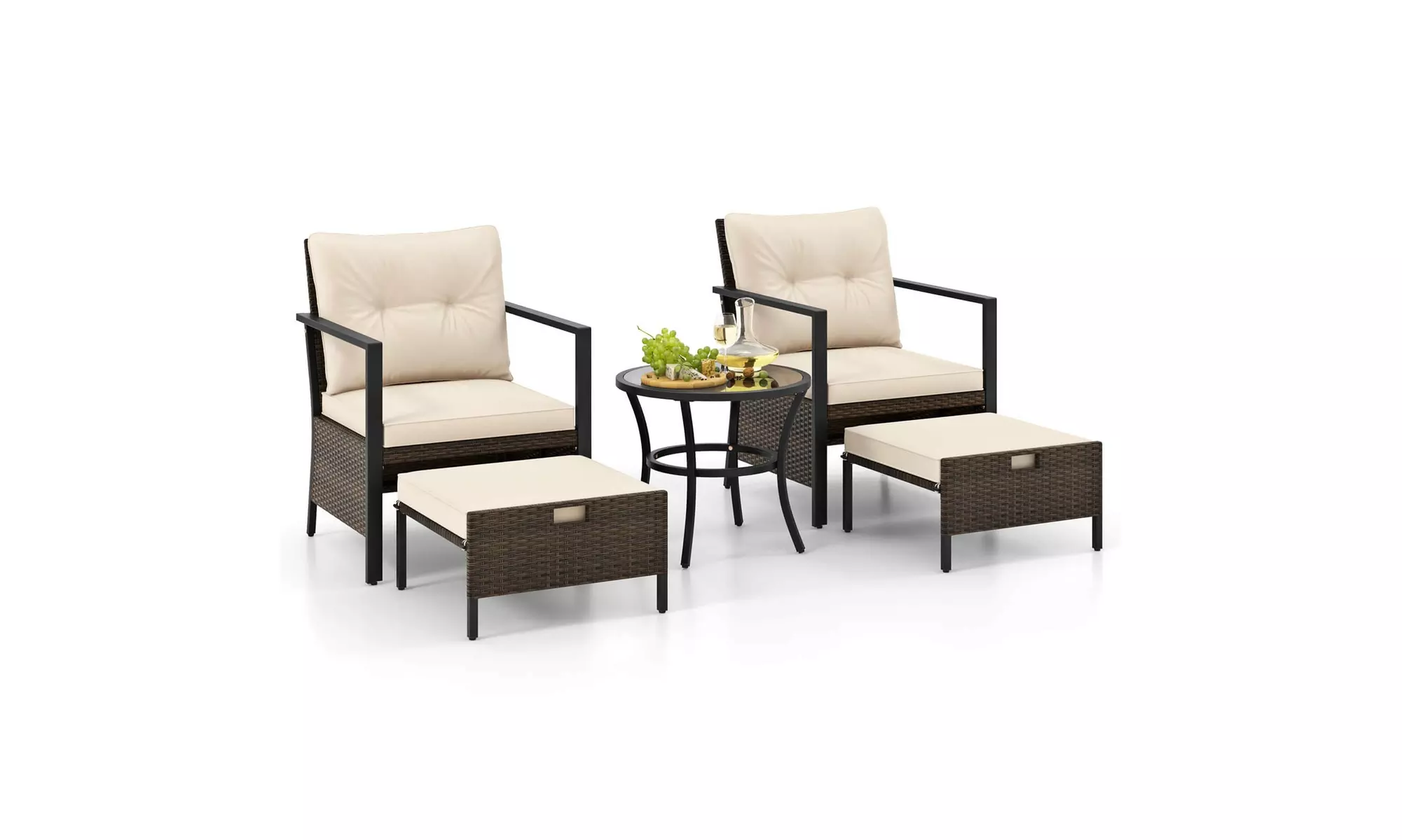 Costway 5 PCS Outdoor Furniture Set Rattan Chairs & Ottomans with Coffee Table