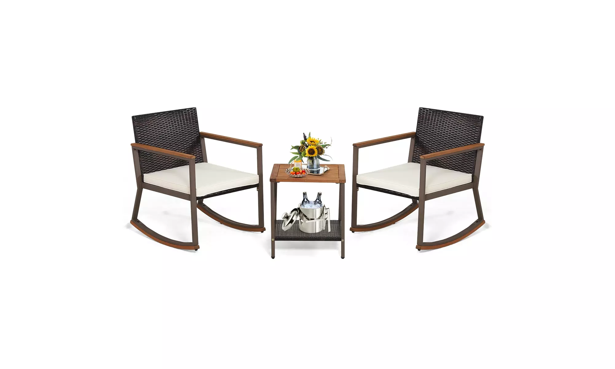 Costway 3 PCS Patio Rattan Rocking Chair Bistro Set Armrest Cushion Table