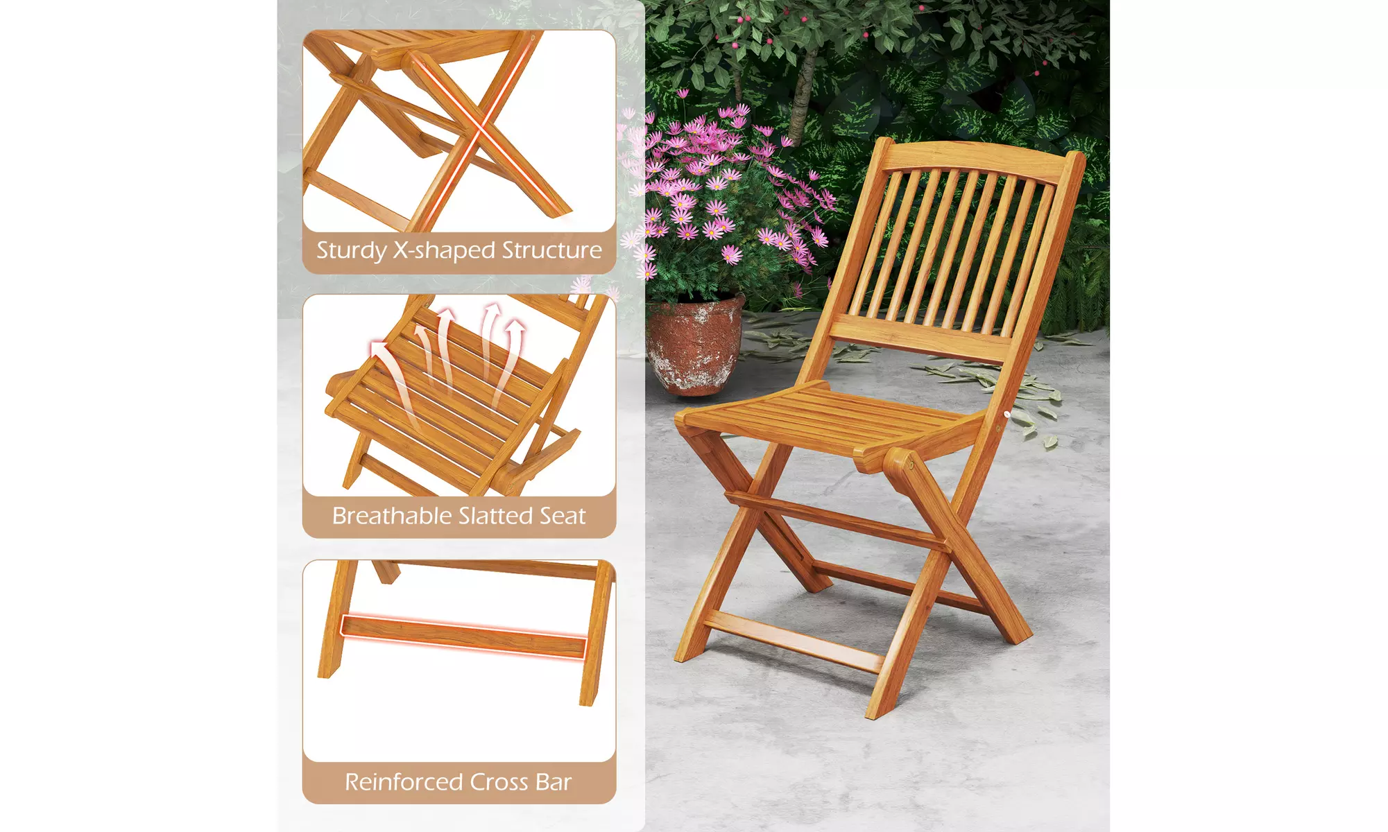 Costway Outdoor Folding Chairs Acacia Wood High-Back Chair with Seat Cushions