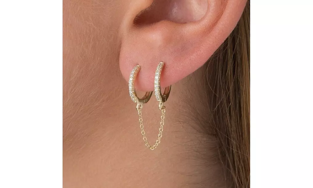 Sterling Silver Double Huggie Chain Earring with Genuine Crystals
