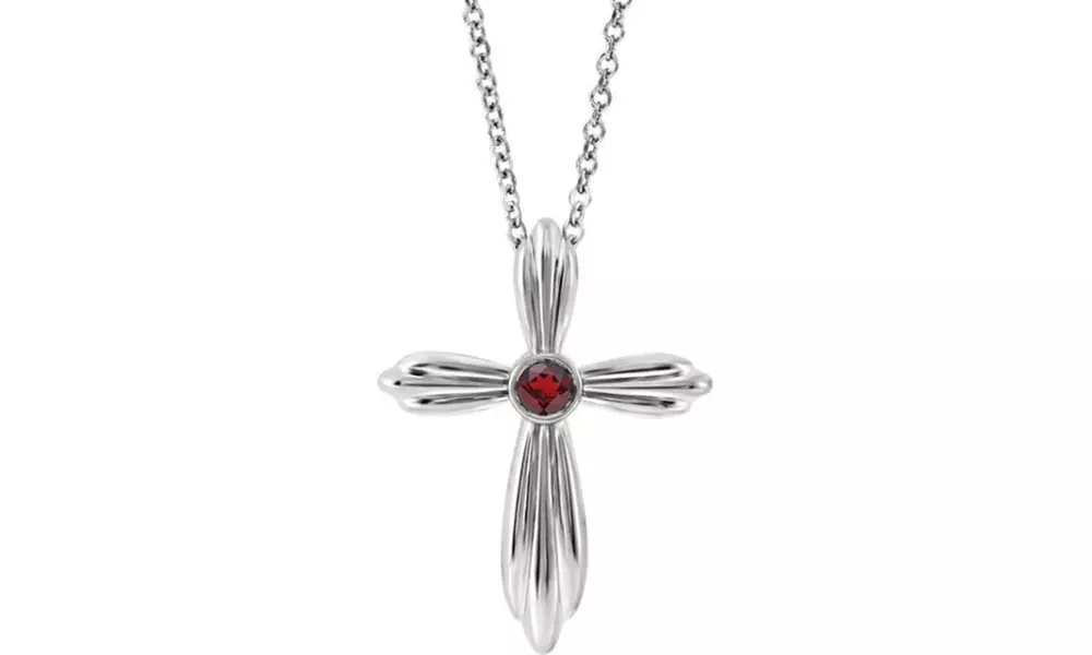 Paris Jewelry White Gold Plated 2.5mm Mozambique Garnet Cross Necklace