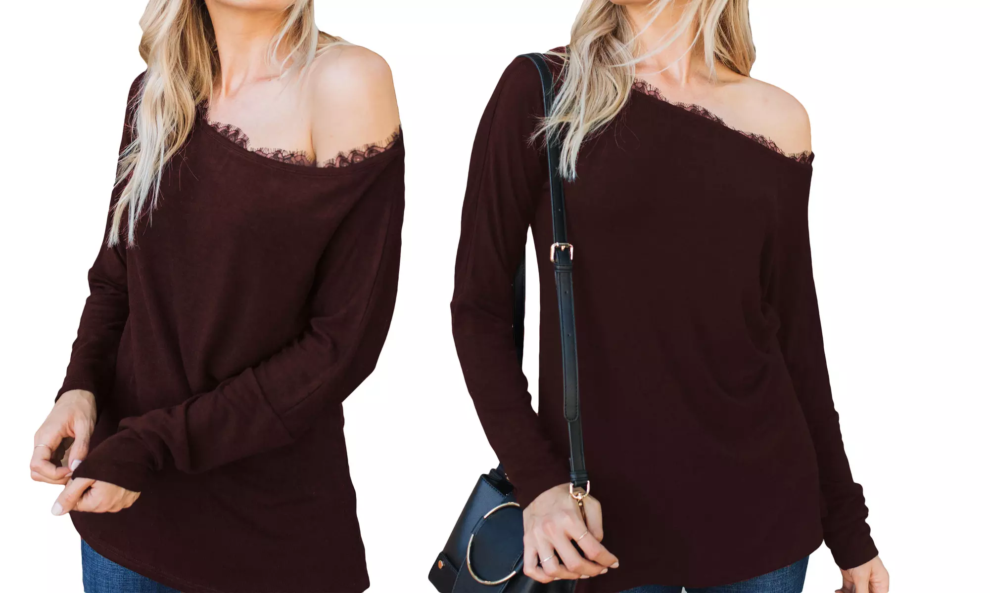 Women's Off Shoulder Sweater With Lace Neckline. Plus Sizes Available - Primary Image