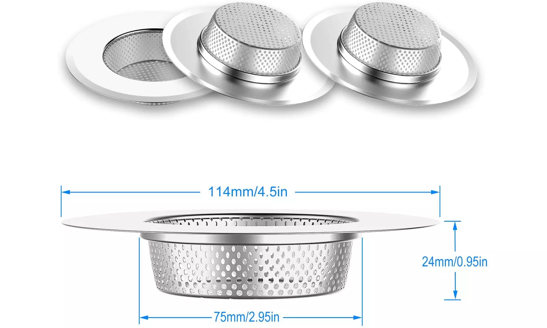 Helect 3-Pack Kitchen Sink Strainer Stainless Steel Drain Filter Strainer 4.5"
