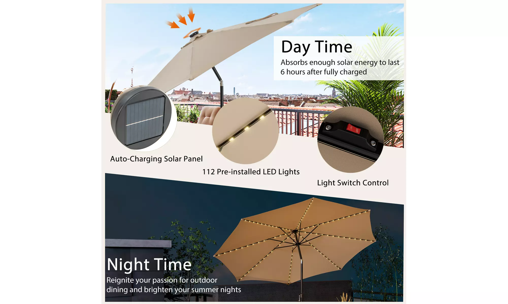 Costway 10 FT LED Solar Lighted Patio Umbrella With Crank Tilt