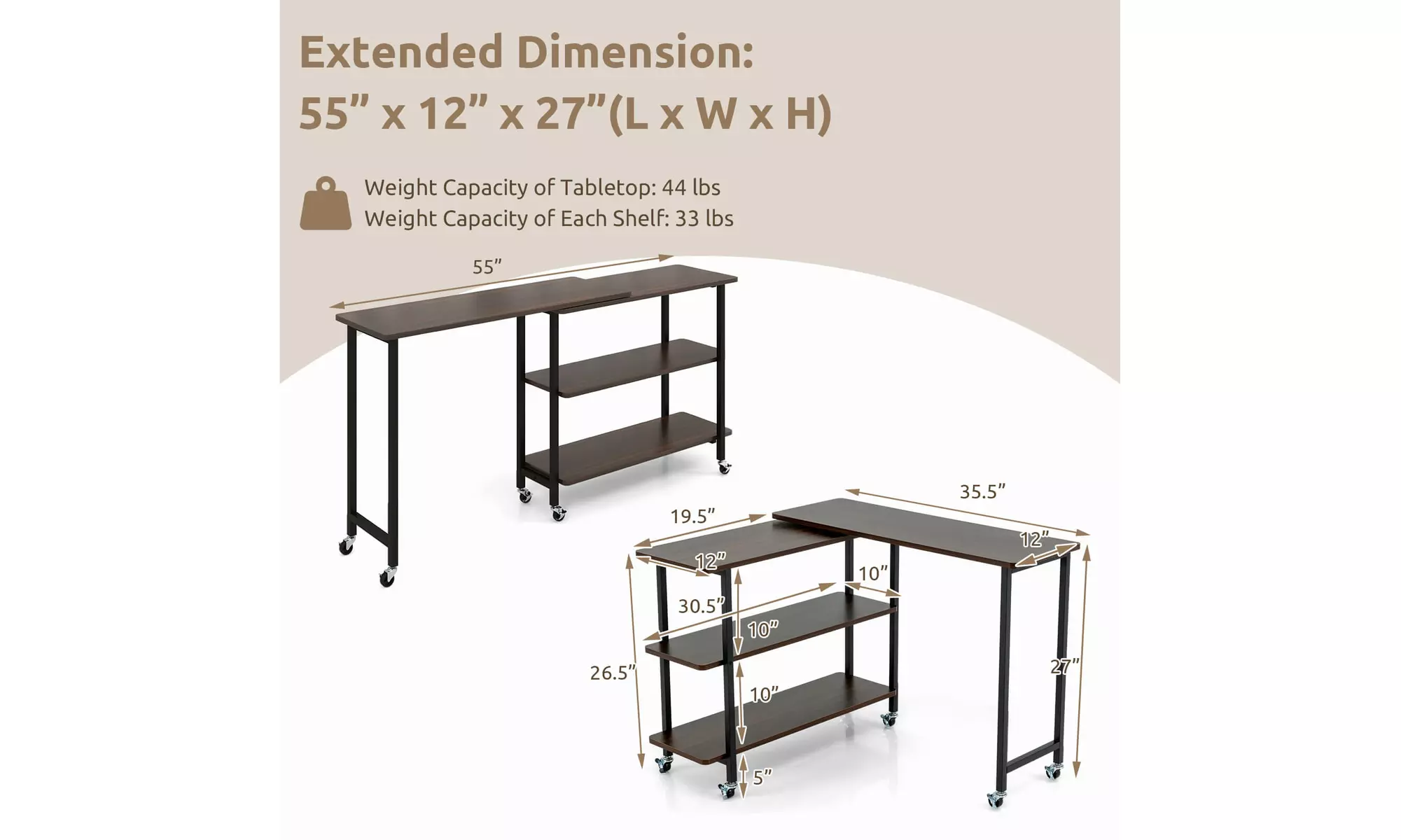 Costway 360-degree Rotating L-Shaped Sofa Side Table with Shelf