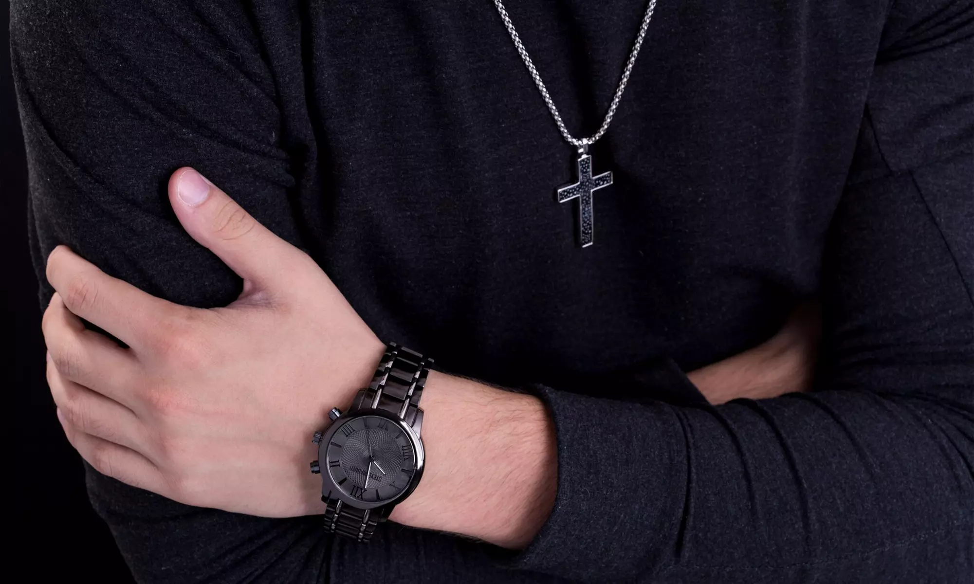 Steve Madden Men's 2-Tone Link Round Case Watch & Black Cross Necklace Set - Primary Image