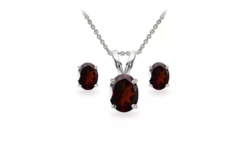 Sterling Silver Garnet Oval-cut Solitaire Necklace and Stud Earrings Set