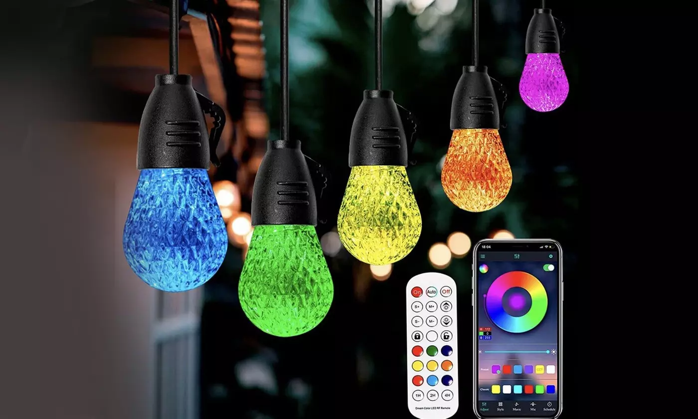iMounTEK 52.5FT RGB Outdoor String Lights 15-LED Color Changing w/ Remote & App