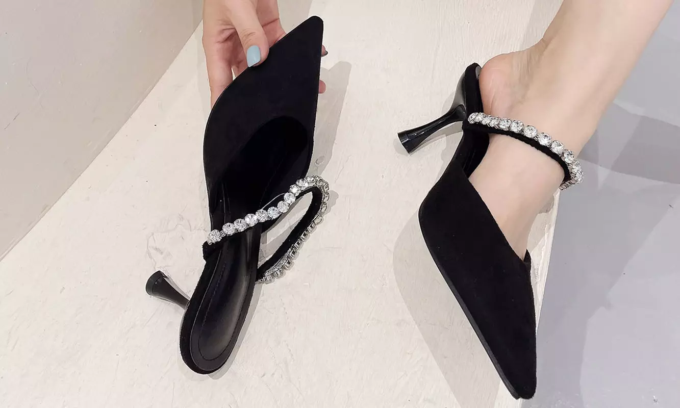Women Elegant Rhinestone Strap Slip On Suede High-heeled Mules for Holiday Party