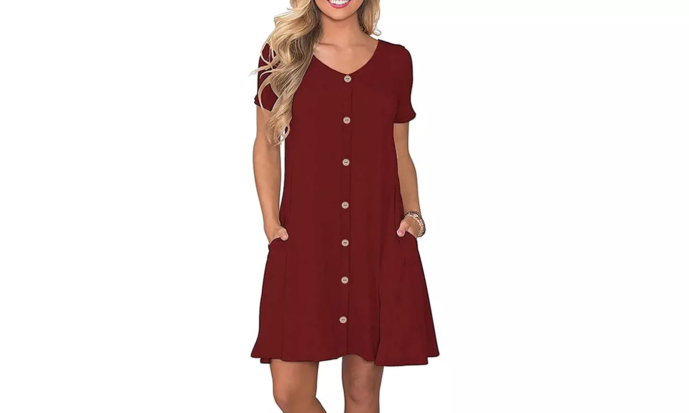 LESIES Women's Summer Casual Tunic Dresses Button Down Swing Dress with Pockets