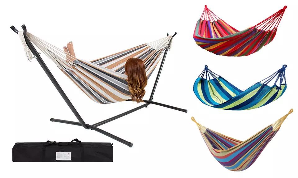2 Person Strip Cotton Swing Portable Hammock Chair w/ Stand