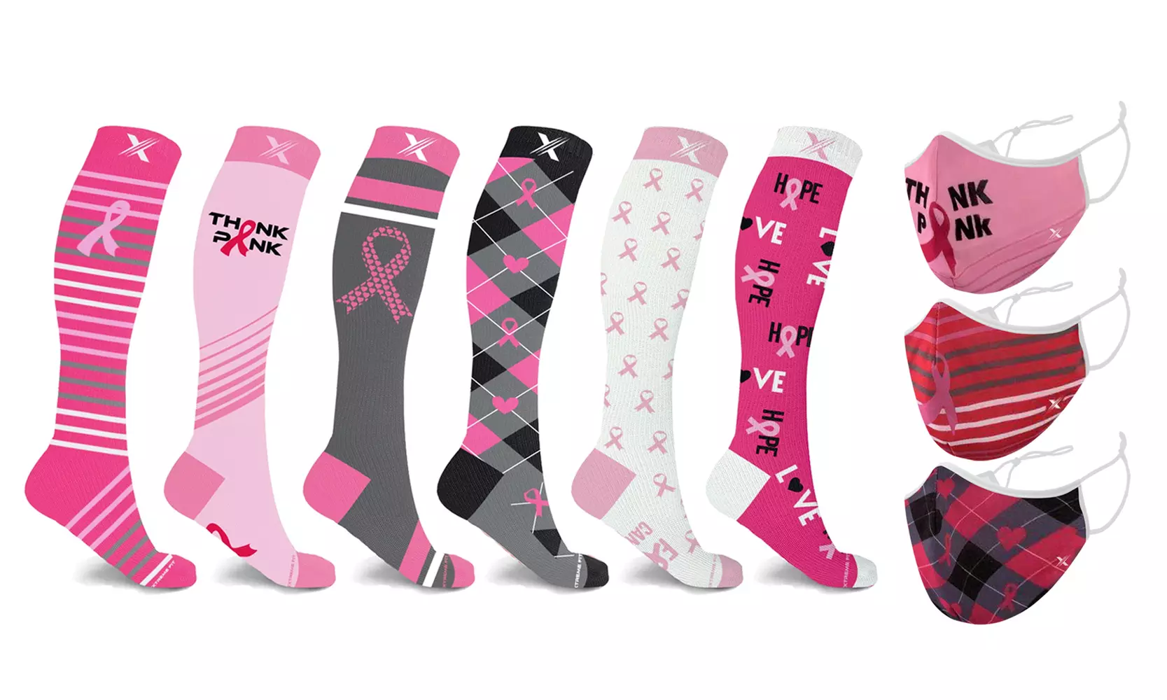 Breast Cancer Awareness Reusable Masks w/ Knee-High Compression Socks (9-Pack) - Primary Image