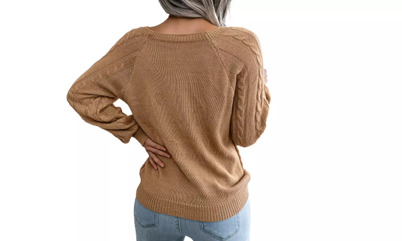 Women's Bishop Sleeve Sweater Button Decor Solid Color Pullover Jumper Tops