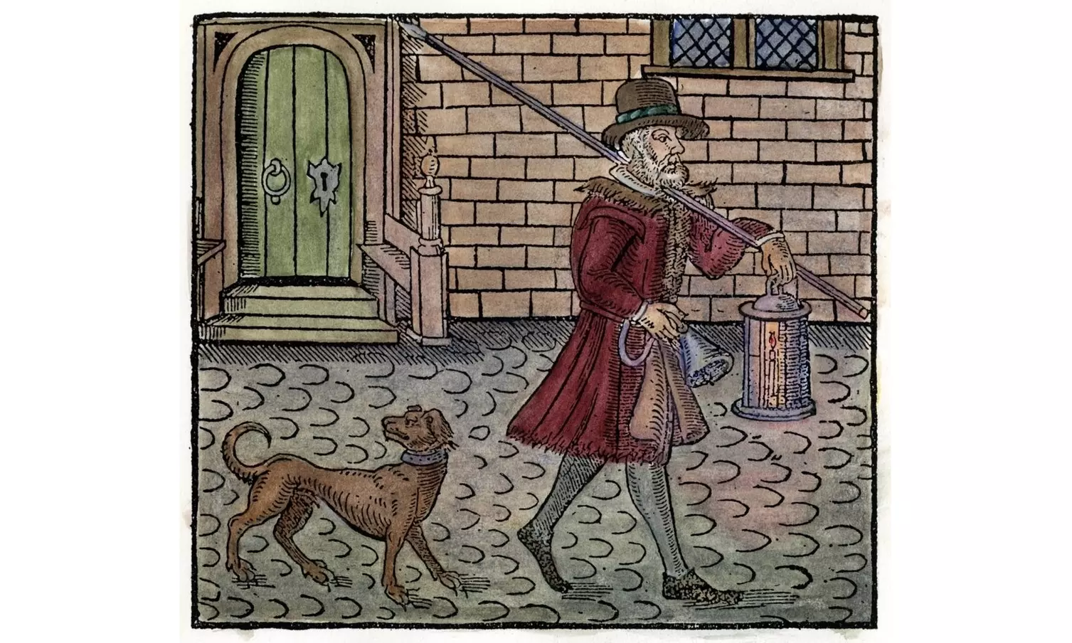 London Night-Watchman. Na Night-Watchman Making His Rounds In London. Woodcut  E - Primary Image