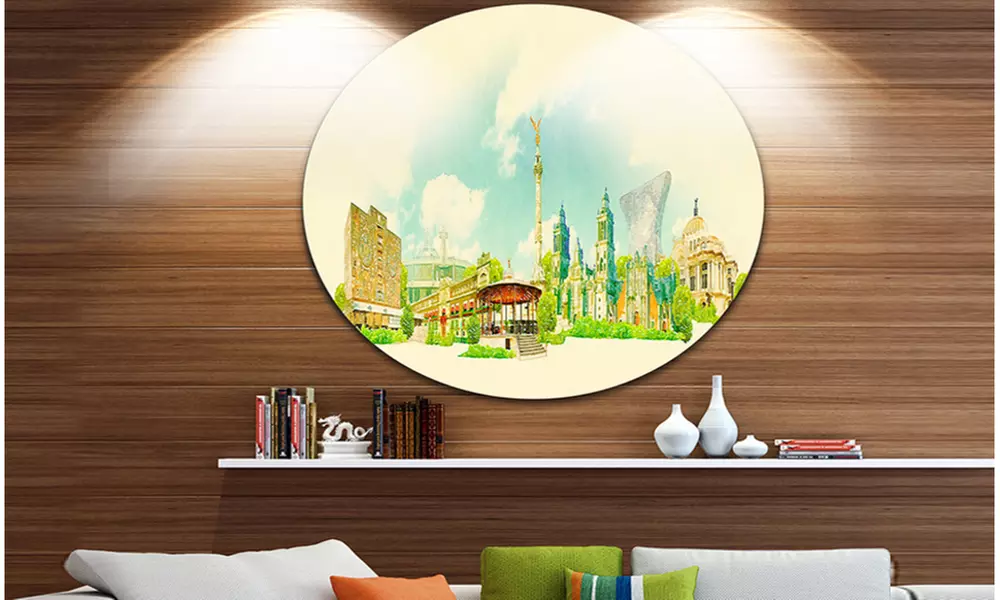 Mexico City Panoramic View' Disc Cityscape Watercolor Circle Metal Wall Art - Primary Image