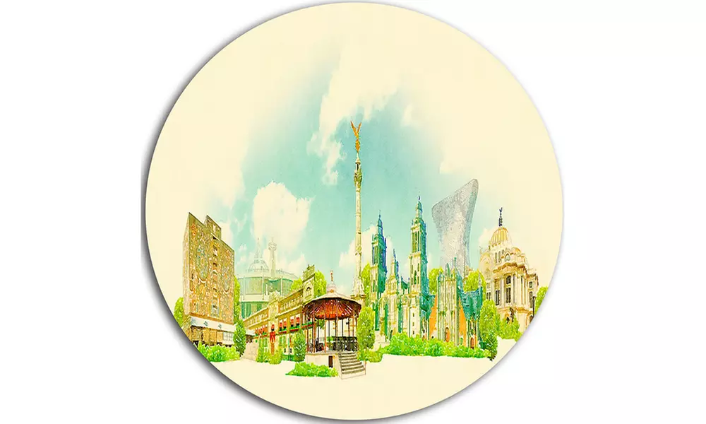 Mexico City Panoramic View' Disc Cityscape Watercolor Circle Metal Wall Art - Second Medium