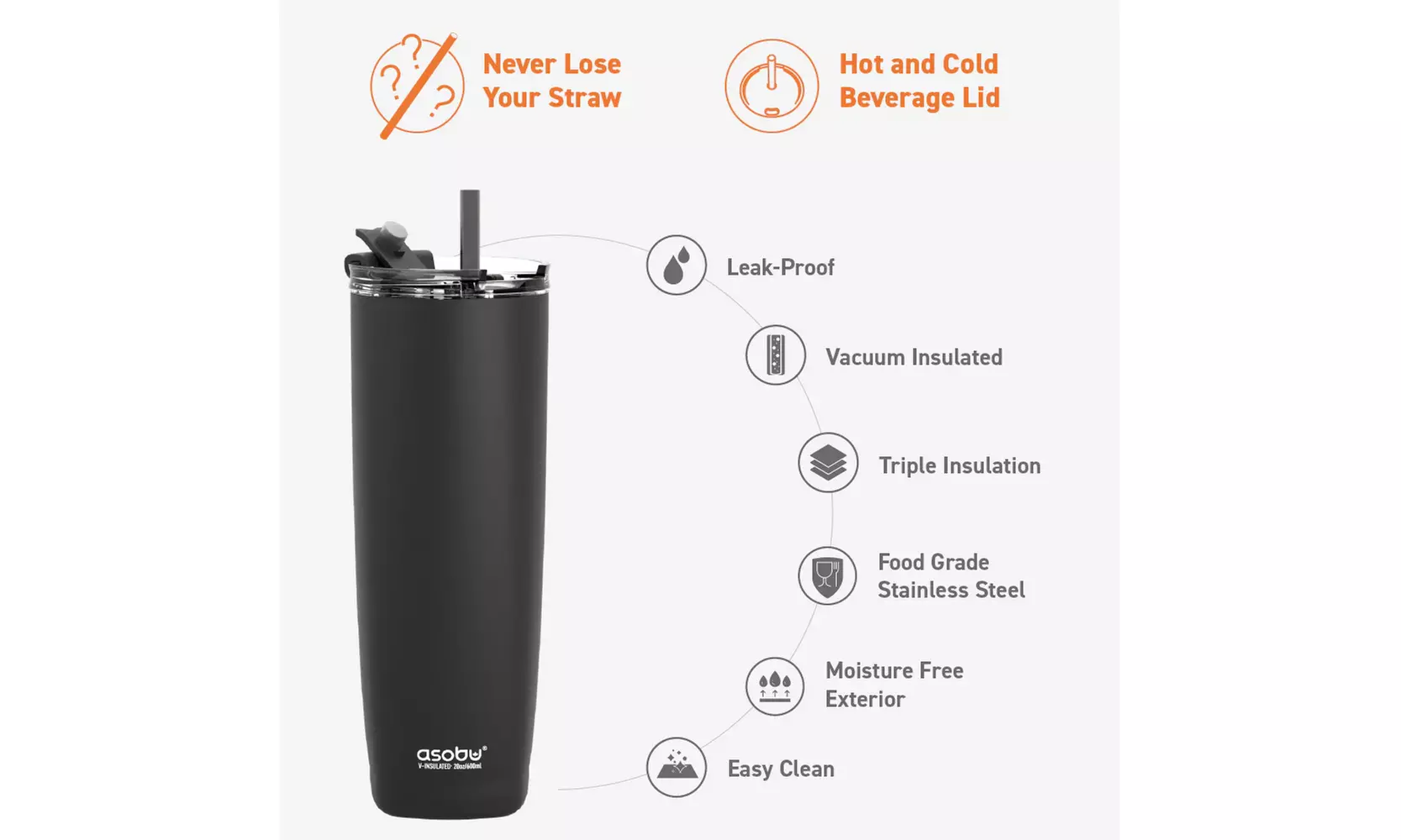 Asobu Aqualina 20oz Insulated Tumbler Water Bottle with Leakproof Lid and Straw