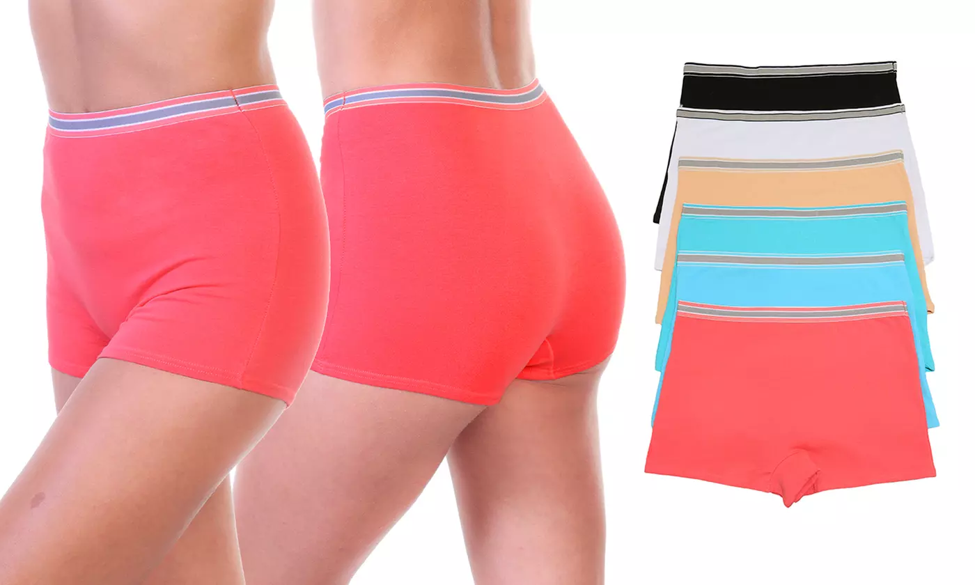 6-Pack Cotton Boyshort Boxer Brief Panties with Elastic Waistband