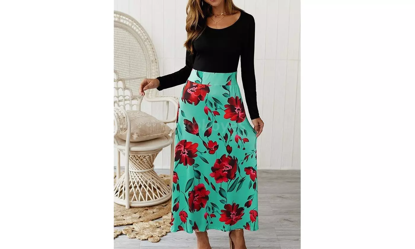 Women General Fashion Dress Long-sleeved High Waist Long Flower Print Dress - Second Medium