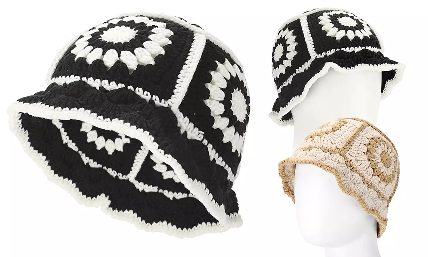 Women Crochet Bucket Hat Flower Knitted Handmade Hat Summer Trendy Outdoor