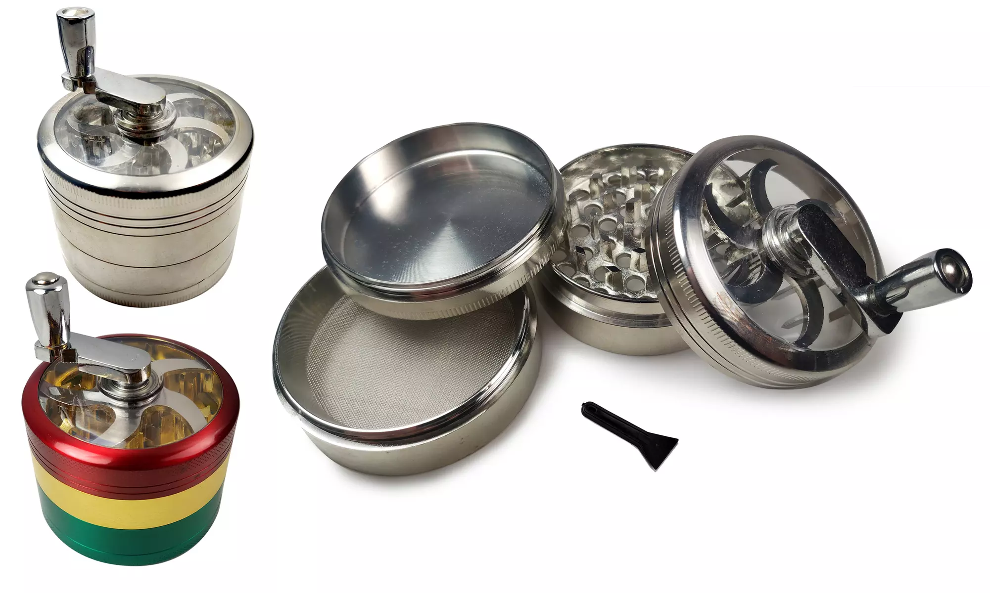 Aluminum 4 Piece Herb Grinder with Crank Handle & Pollen Catcher - Primary Image