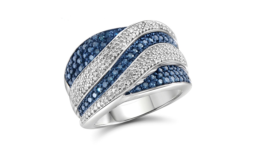 Image 8: Jewelonfire 1.00 CTW Blue & White Diamond Swirl Row Ring In SS 16796
